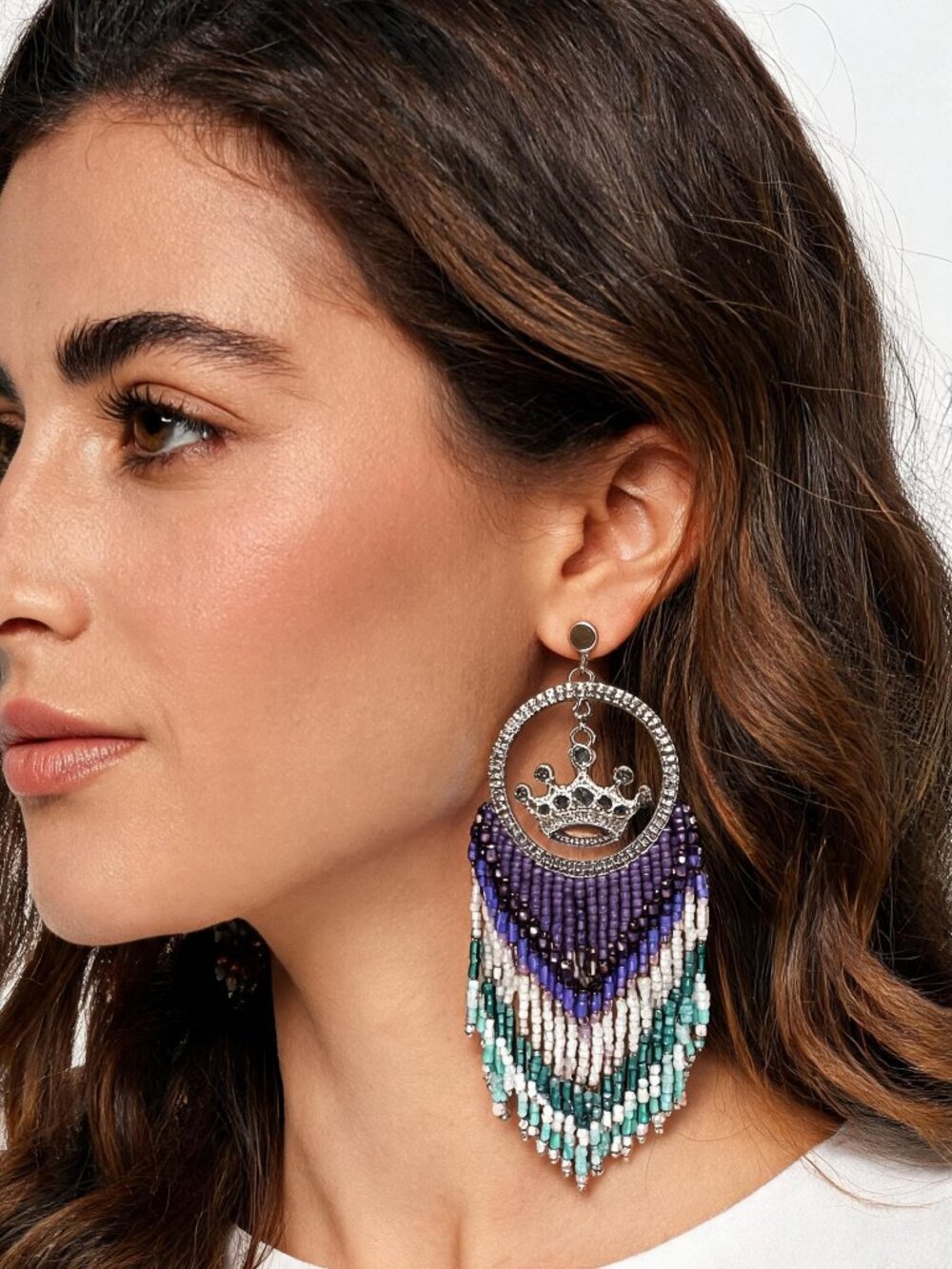 Handmade Beaded Queen Long Fringe Dangle Drop Lightweight Post Hoop Earrings - Picture 3 of 8